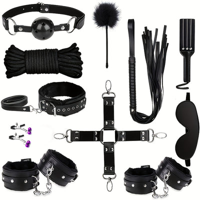11pcs BDSM Faux Leather Bondage Set for Women and Couples - Includes Handcuffs, Ankle Cuffs, Mouth Gag, Nipple Clips, Whip, Rope, and Eye Mask - No Power Needed, Adult Play Kit